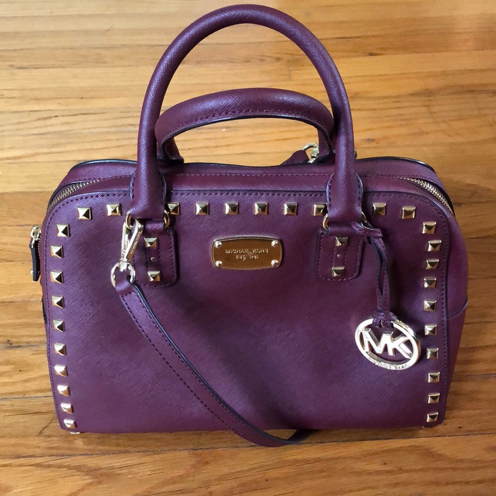 Michael Kors: Studded Merlot Saffiano Satchel